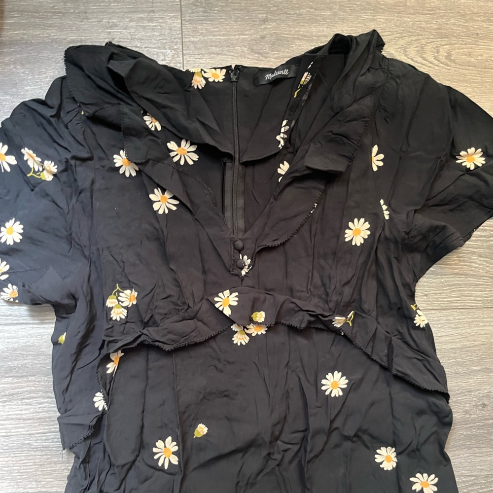 Madewell Black White Daisy Print Ruffle V Neck Tiered Skirt Summer Maxi Dress - Picture 3 of 6